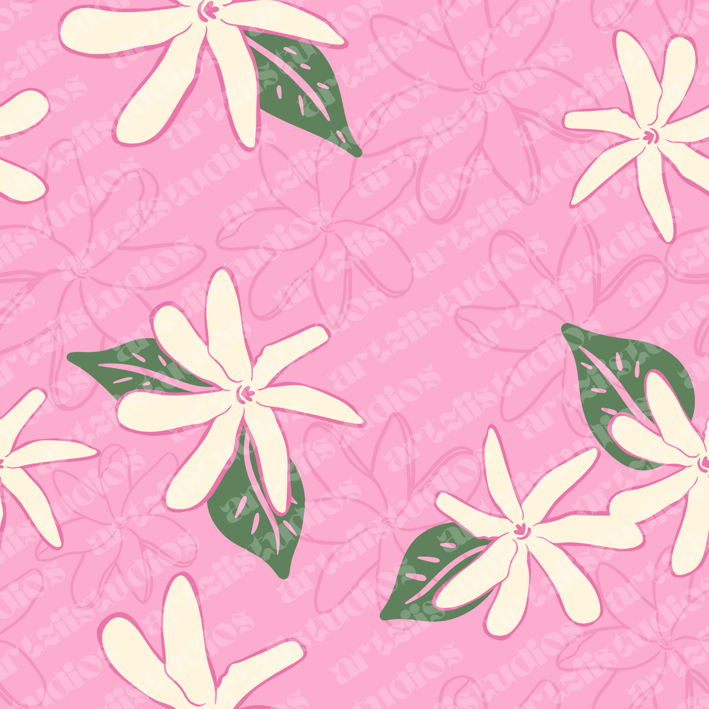 Tiare, Plumeria, Gardenia, Heliconia, and Hibiscus Surface Pattern for Kailanaho