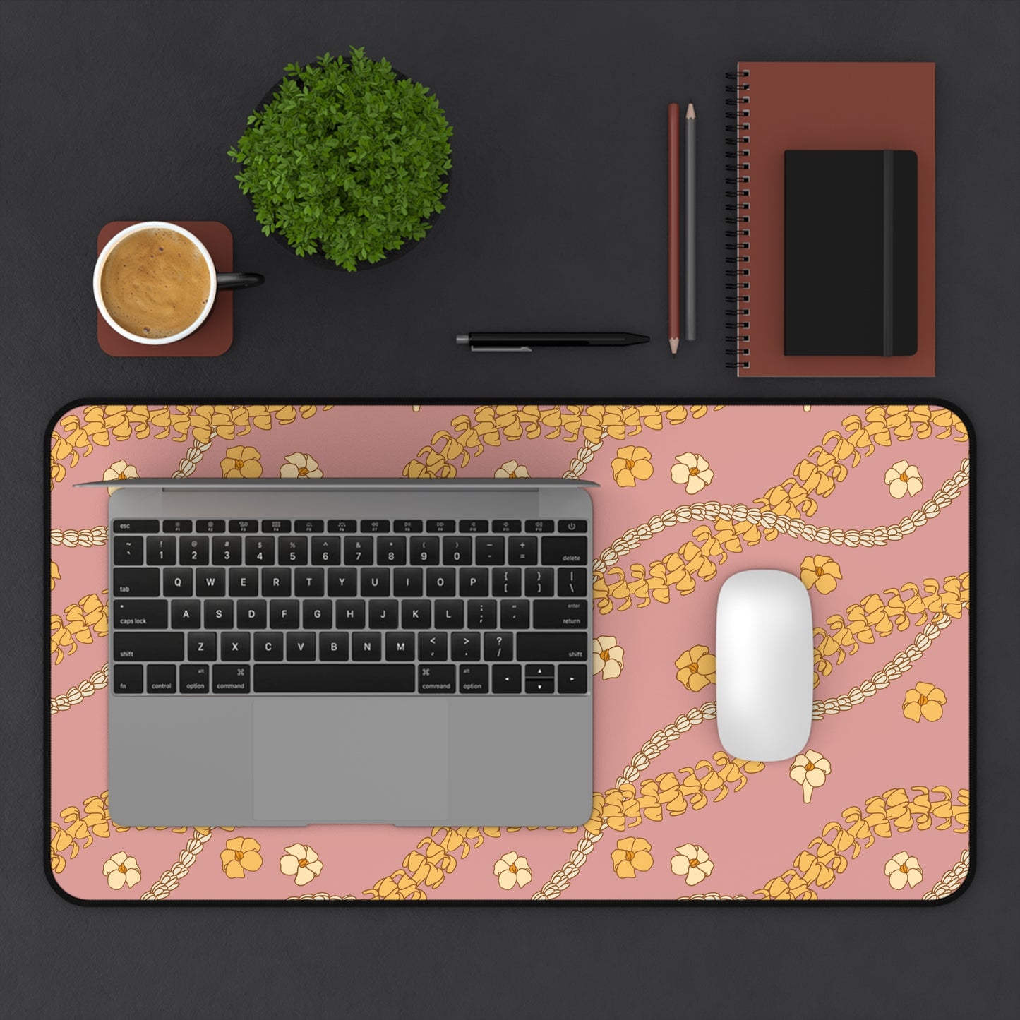 Puakenikeni and Pikake Lei Desk Mat-Pink