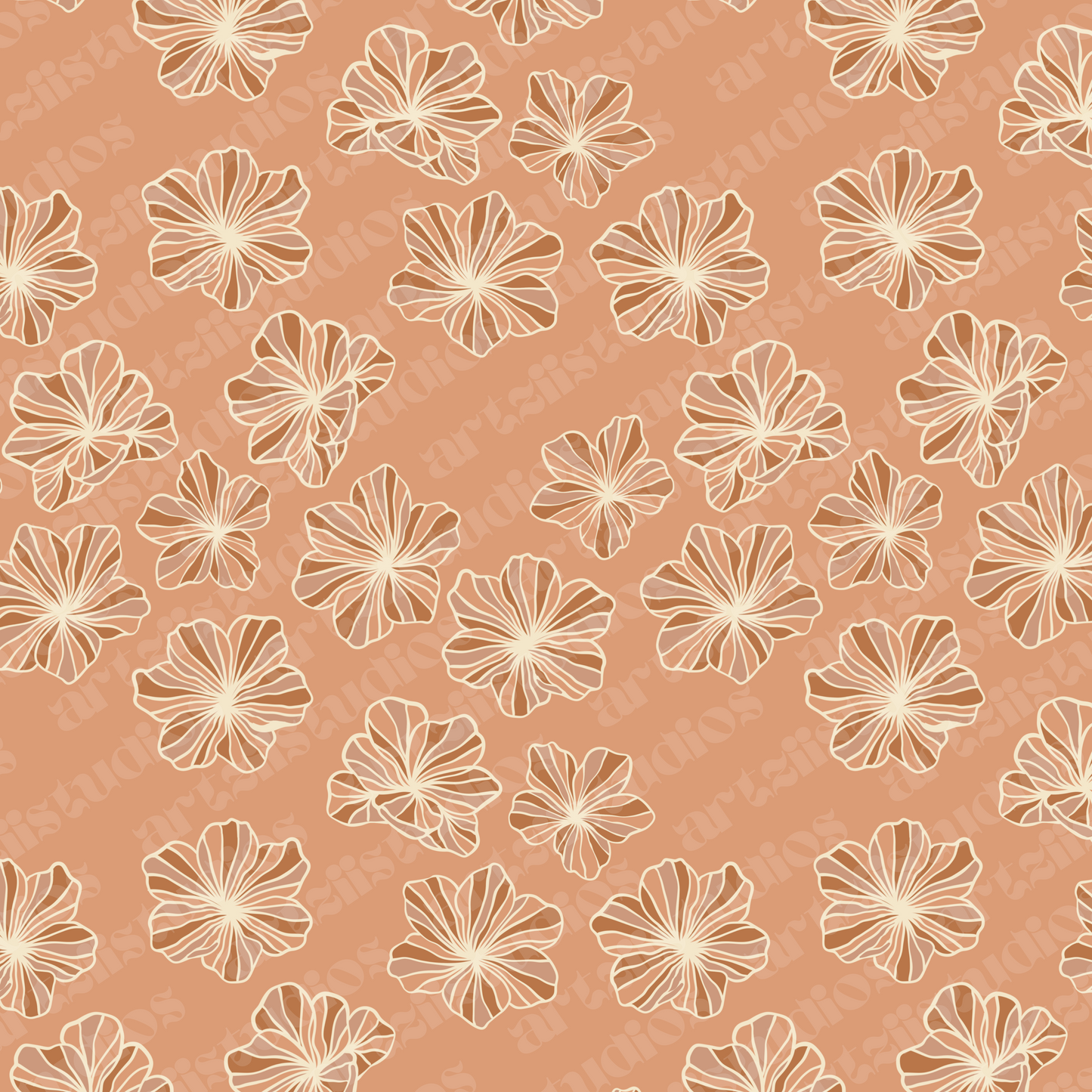 A digital pattern of outline flowers on a brown background.