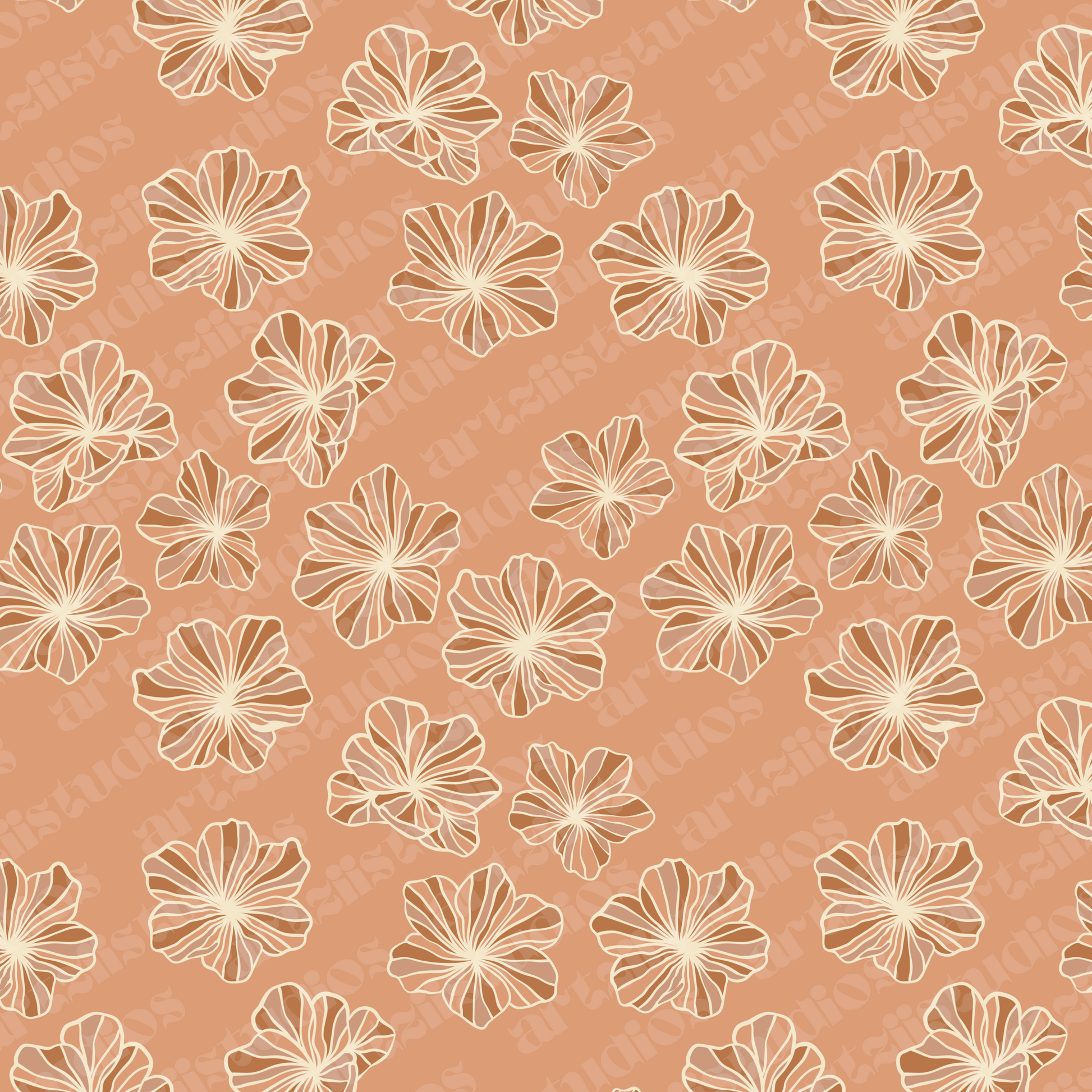 A digital pattern of outline flowers on a brown background.