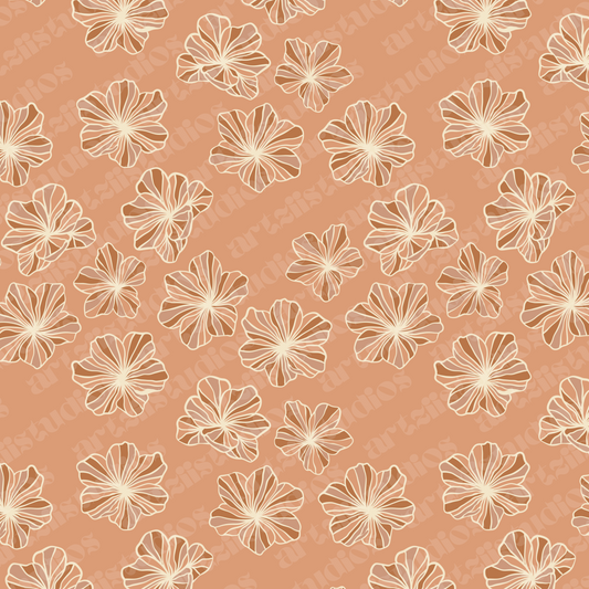 A digital pattern of outline flowers on a brown background.