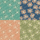 Four floral patterns in different colors on a background.
